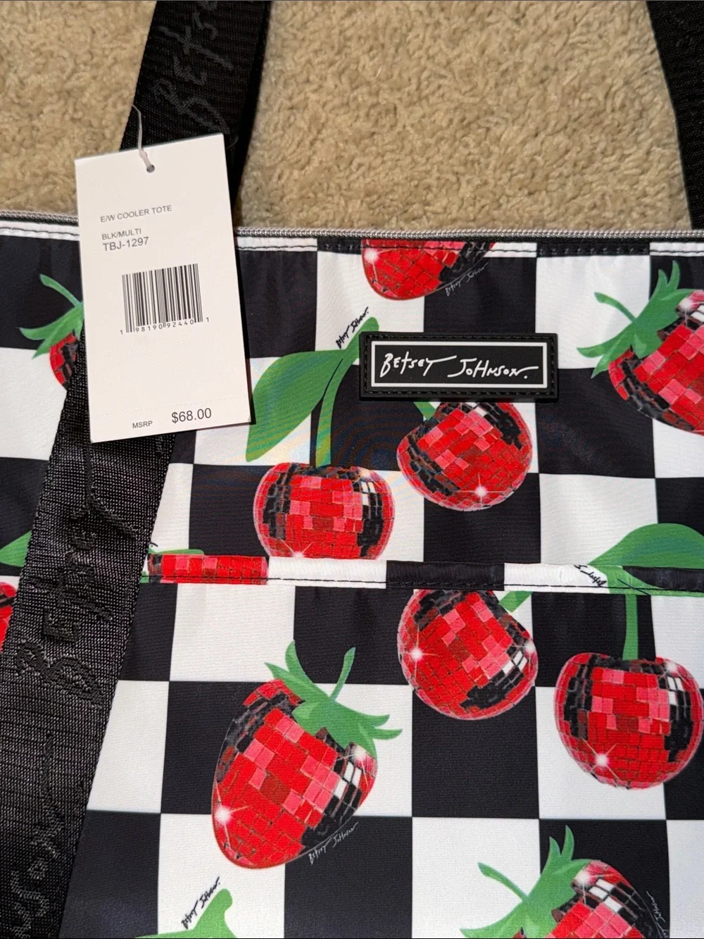 Betsey Johnson Black & White Checkerboard Cherry Tote with Cherry Accessories